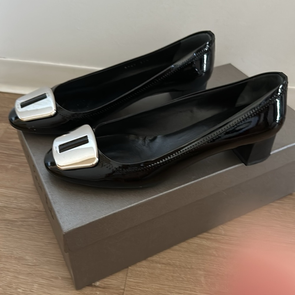 Prada  black patented leather block low heels size 37.5